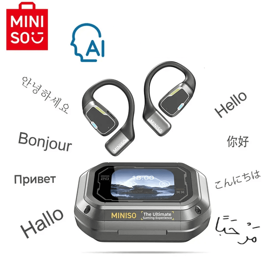 Tłumacz AI MINISO M98 – bezprzewodowe słuchawki open-ear do tłumaczenia rozmów na żywo w 135 językach. Do podróży, pracy i nauki.