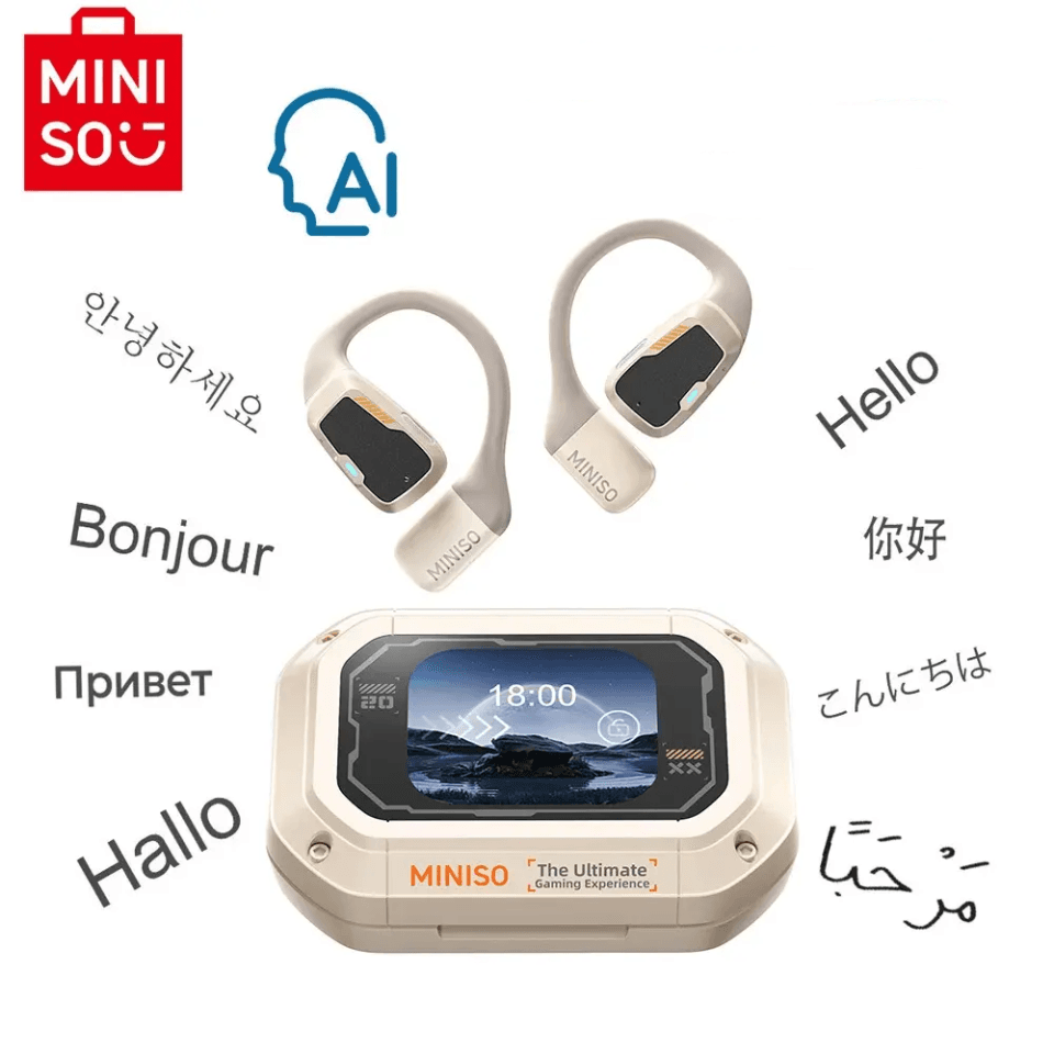 Tłumacz AI MINISO M98 – bezprzewodowe słuchawki open-ear do tłumaczenia rozmów na żywo w 135 językach. Do podróży, pracy i nauki.