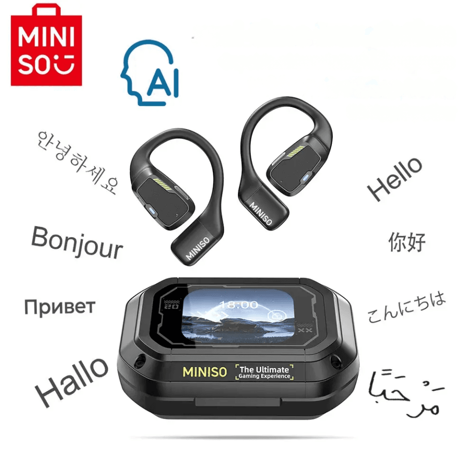 Tłumacz AI MINISO M98 – bezprzewodowe słuchawki open-ear do tłumaczenia rozmów na żywo w 135 językach. Do podróży, pracy i nauki.