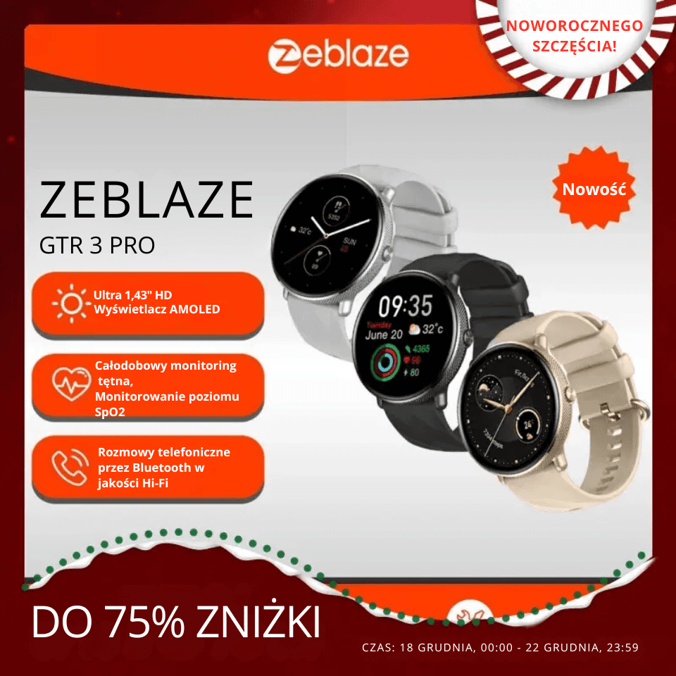 Zeblaze GTR 3 Pro to elegancki smartzegarek z AMOLED 1.43", stalą 316L i rozmowami Bluetooth. Działa na co dzień i do aktywności, także jako bezpieczny prezent.