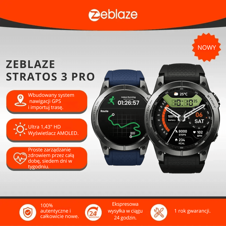 Zeblaze Stratos 3 Pro to smartzegarek z ekranem AMOLED 1.43", GPS i rozmowami Bluetooth. Wygodny do treningu i na co dzień, także jako bezpieczny prezent.