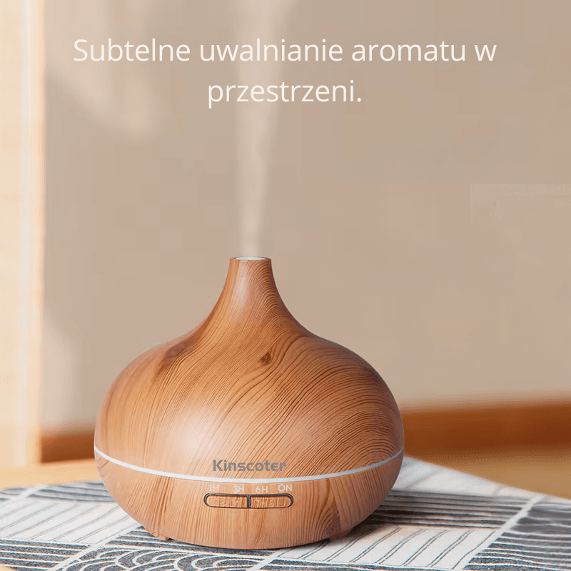 Ultradźwiękowy dyfuzor zapachowy 500 ml z efektem drewna; funkcje aromaterapii, nawilżania powietrza i lampki LED. Cicha praca, pilot, 7 kolorów światła oraz do 10 godzin działania; idealny do domu, sypialni i biura.