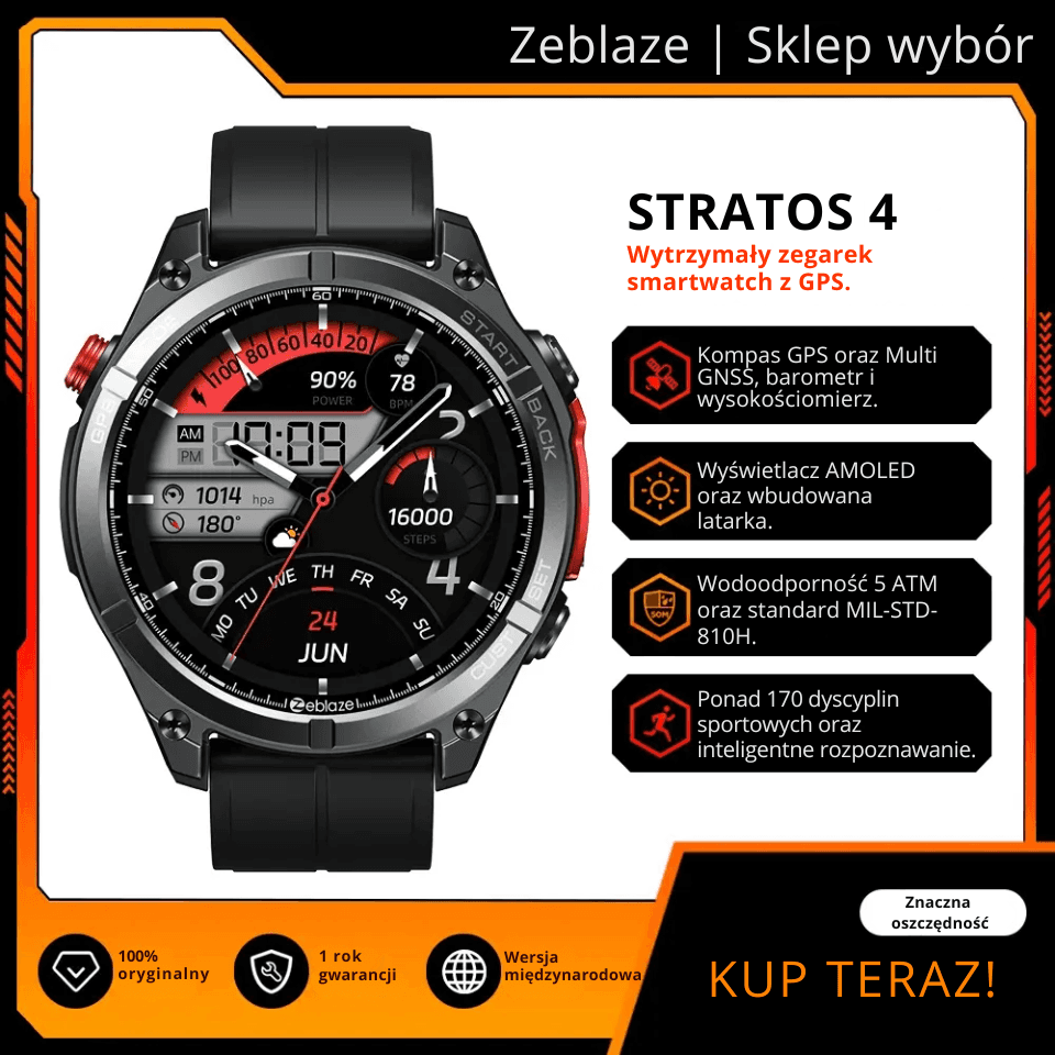 Zeblaze Stratos 4 to smartzegarek z AMOLED 1.43", GNSS 6 systemów, kompasem i barometrycznym wysokościomierzem oraz rozmowami Bluetooth. Także jako bezpieczny prezent.
